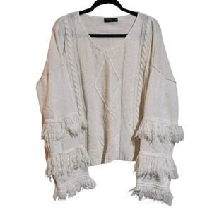 Shein Curve Women Pullover Jumper Sweater Plus 1X Ivory White Long Sleeve Fringe